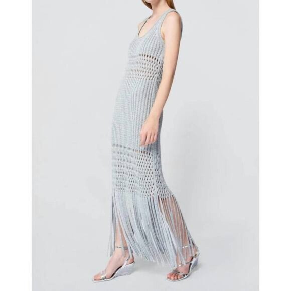 NEW SIMKHAI Jocelyn Open-Stitch Fringe Metallic Silver Midi Dress NWT Medium - Picture 4 of 12